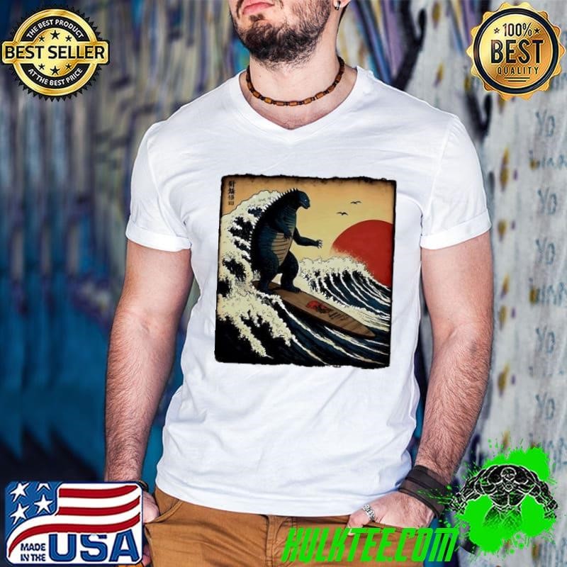 Godzilla surfing the great wave by hokusai Guys V Neck