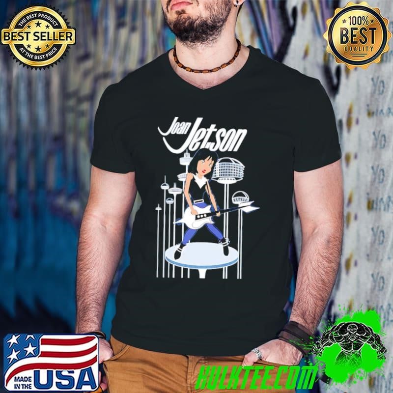Joan Jetson playing guitar rock and roll shirt