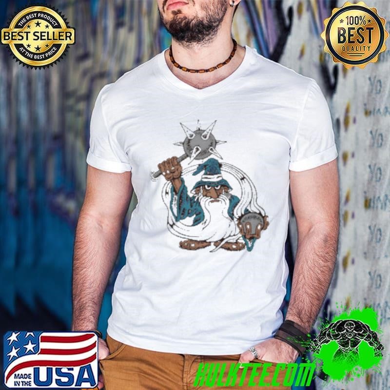Sorcery Dept holding a mace shirt