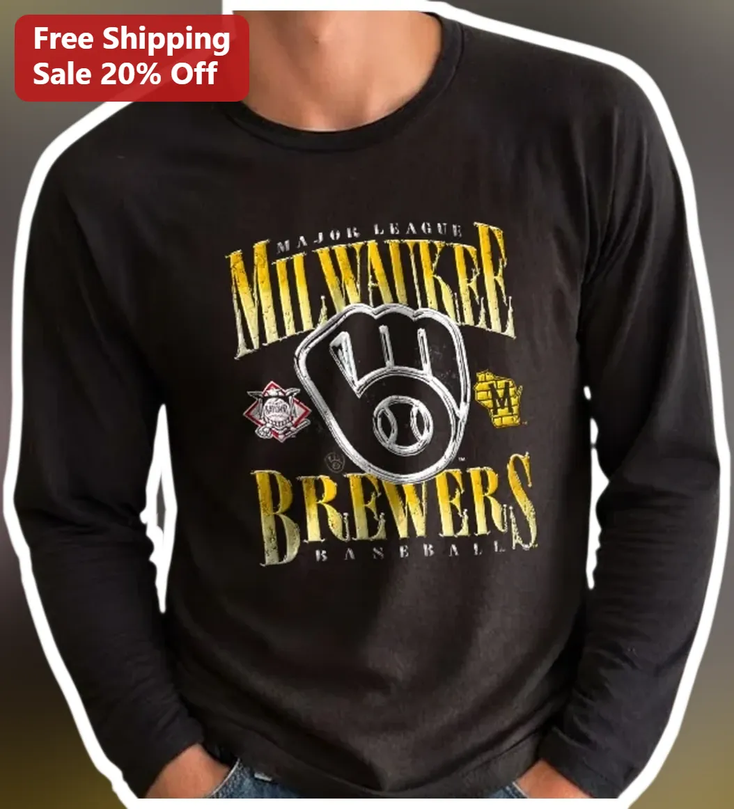 Milwaukee Brewers Baseball Long Sleeve Tee Vintage Distressed MLB Logo Shirt available at our Miami, Florida warehouse