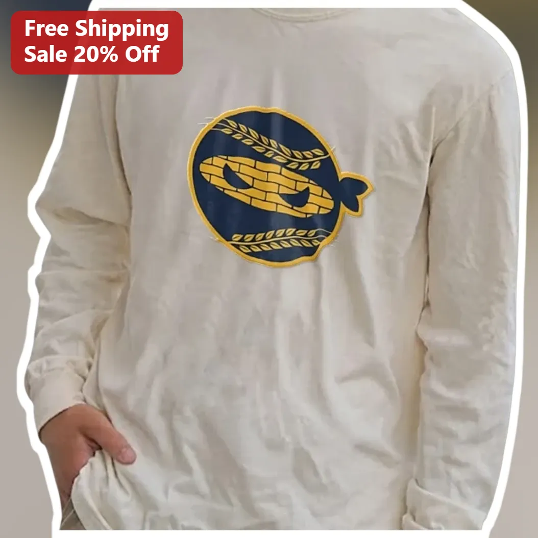 Navy and Gold Brick Fish Embroidered Patch Long Sleeve Tee Varsity Collegiate Style available at our Miami, Florida warehouse
