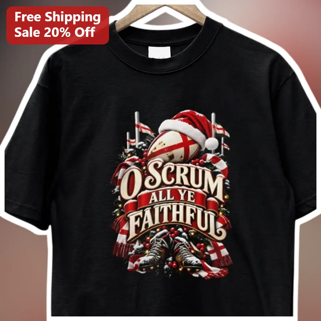 O Scrum All Ye Faithful Rugby Christmas Tee Funny Holiday Gift for Players Fans available at our Miami, Florida warehouse