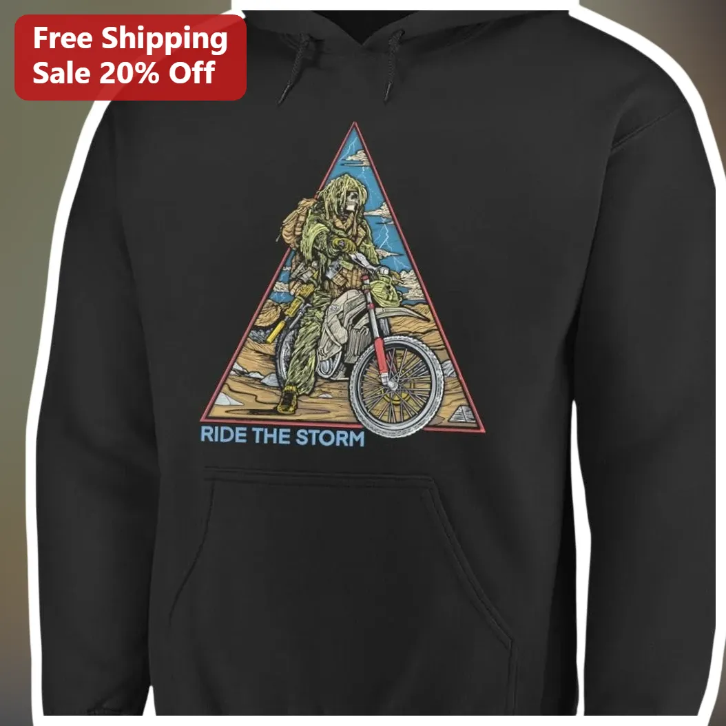 Ride The Storm Biker Hoodie Motocross Dirt Bike Rider Gift Unisex available at our Miami, Florida warehouse