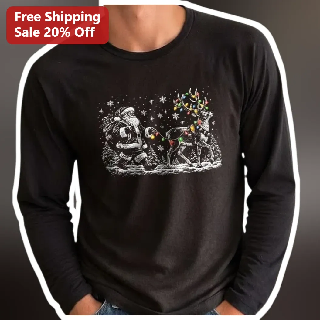 Santa Claus Long Sleeve Tee Funny Reindeer Tangled Lights Vintage Holiday Shirt Gift for Men Women available at our Miami, Florida warehouse