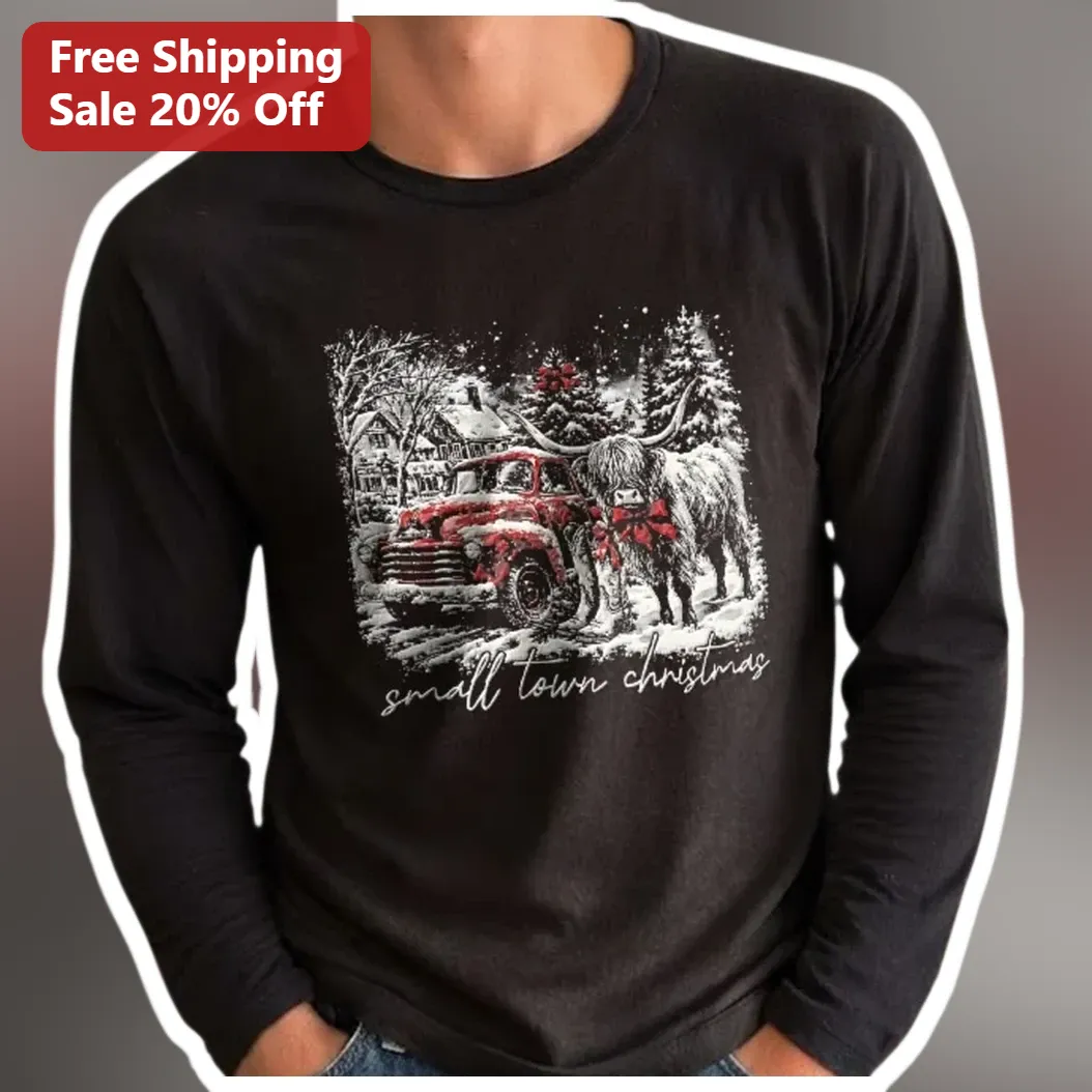 Small Town Christmas Long Sleeve Tee Vintage Highland Cow Truck Holiday Gift available at our Miami, Florida warehouse