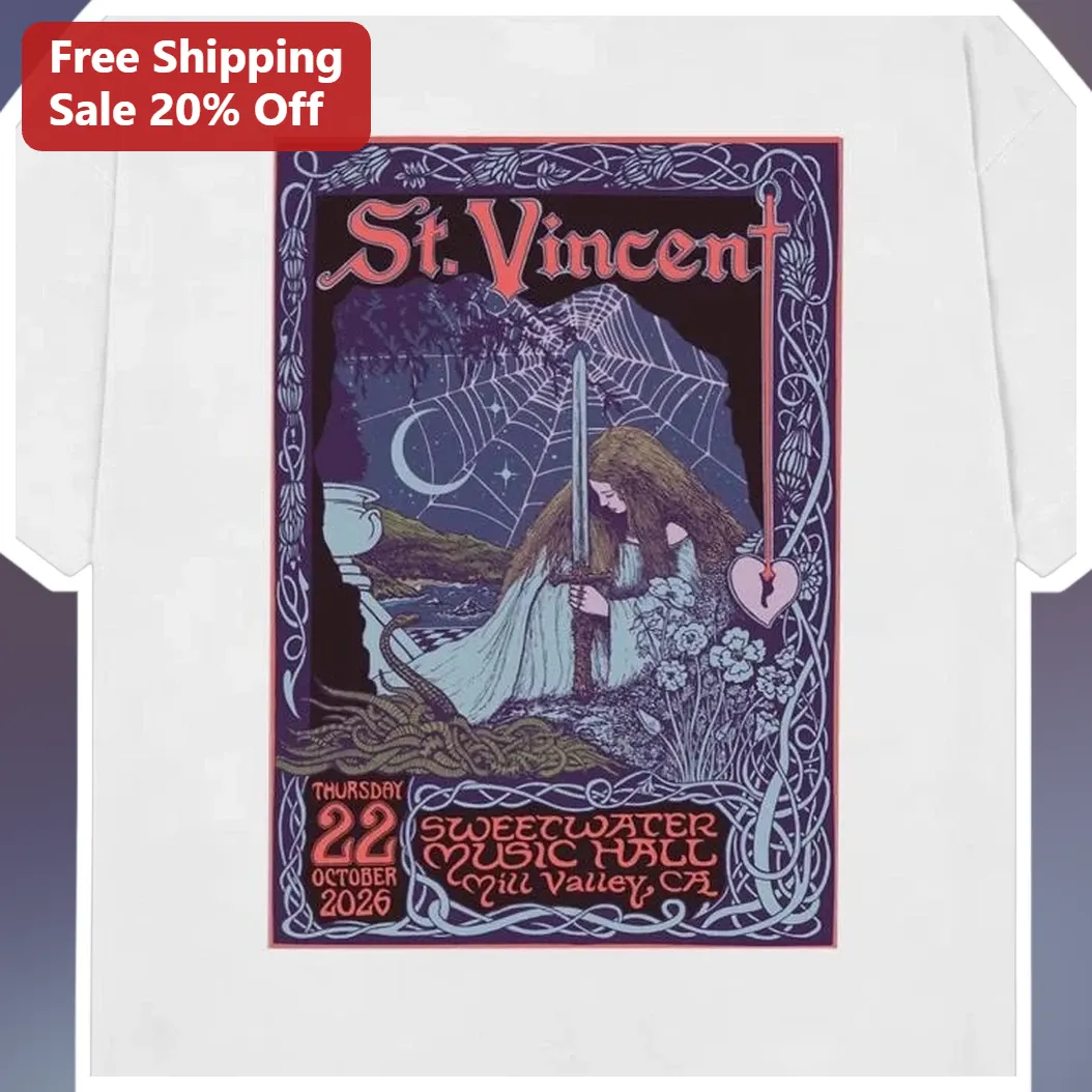St. Vincent Sweetwater Music Hall Mill Valley CA Long Sleeve Tee Art Nouveau Concert Merch available at our Miami, Florida warehouse